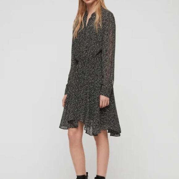 AllSaints Martina Splash Dress Asymmetric Hem Elasticated Waist Black Size Small - Picture 1 of 15